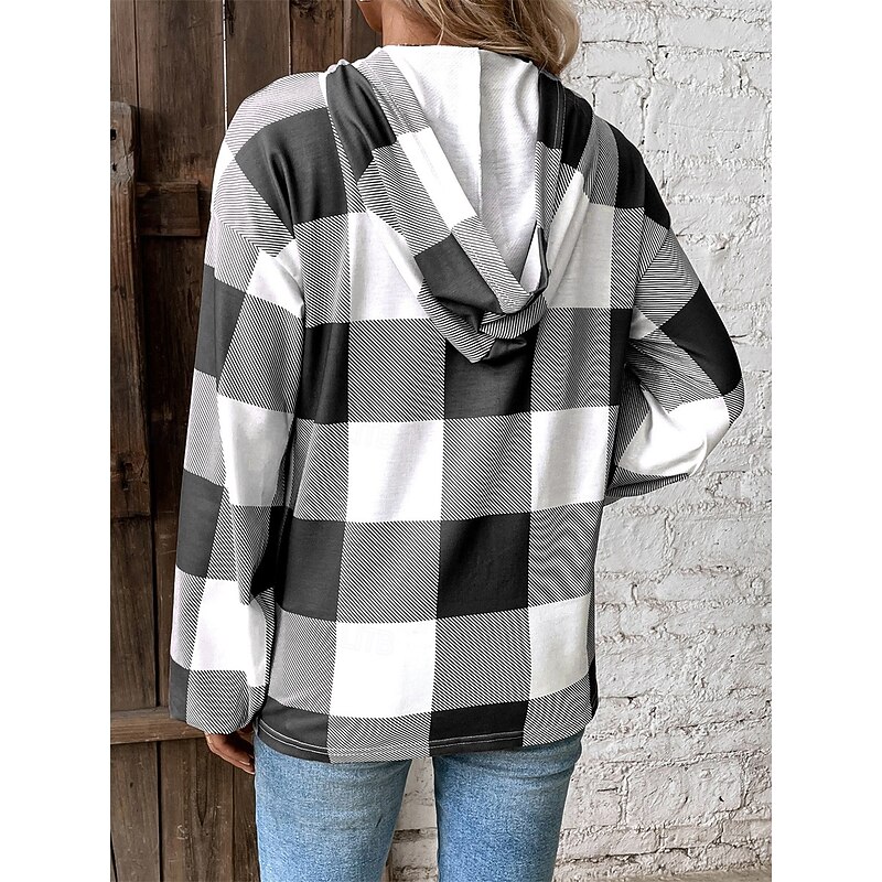 Women's Sweatshirt Casual Plaid Street Dailywear Hoodie Buttons Print Long Sleeve Black Khaki Fall Winter2