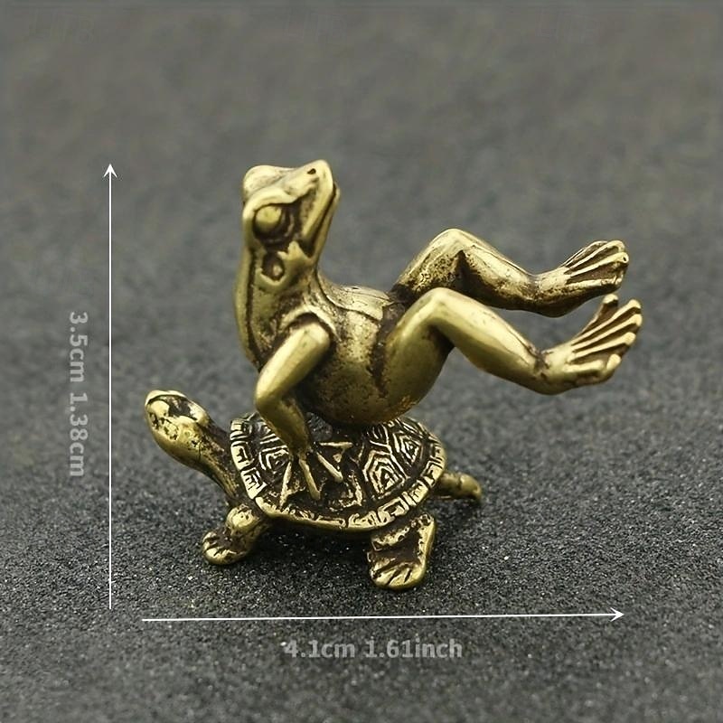 Vintage Brass Turtle & Frog Figurine - Antique-Style Solid Copper Tea Pet, Desktop Decor, Collectible Miniature Ornament4