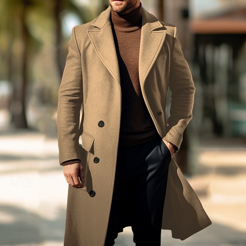Men's Overcoat Trench Coat Long Trench Coat Daily Vacation Fall & Winter Polyester Windproof Soft Outerwear Clothing Apparel Fashion Classic Plain Pocket Lapel Double Breasted