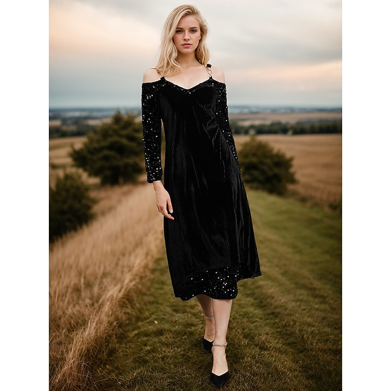 Velvet Cold Shoulder V Neck Midi Dress4