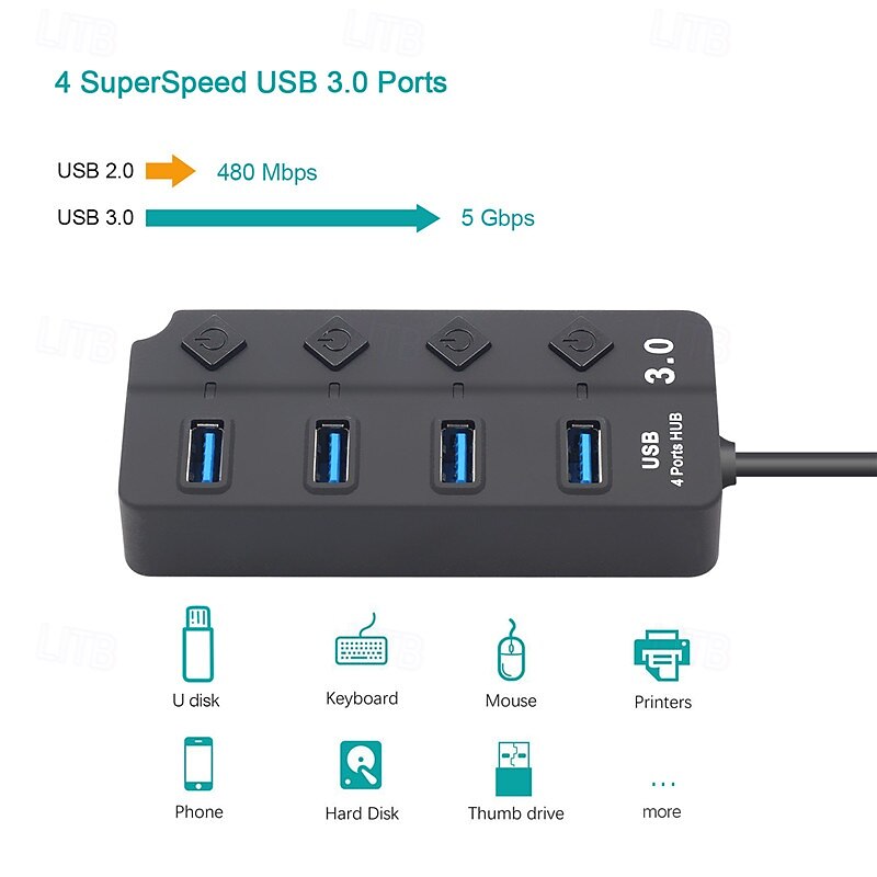 USB Hub 4 Port USB 3.0 Hub with Individual LED Switch Portable Adapter High Speed Expansion Multi USB Hub Splitter Adapter4