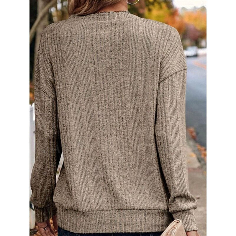 Women's Sweater Casual Soft Pure Color Ribbed V Neck Buttons Knitted Long Sleeve Regular Tops Knit Outdoor Daily Weekend Black Khaki Fall Winter4