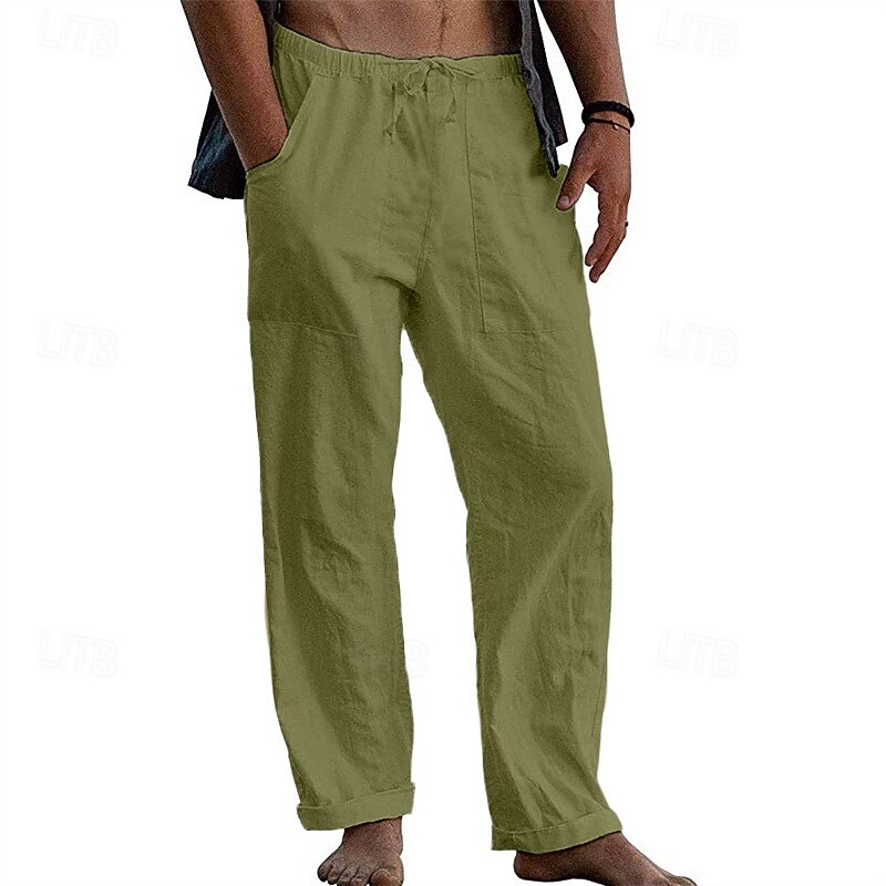 Men's Linen Pants Trousers Summer Pants Drawstring Elastic Waist Straight Leg Plain Comfort Daily Going out Fashion Streetwear Dark Grey Black3