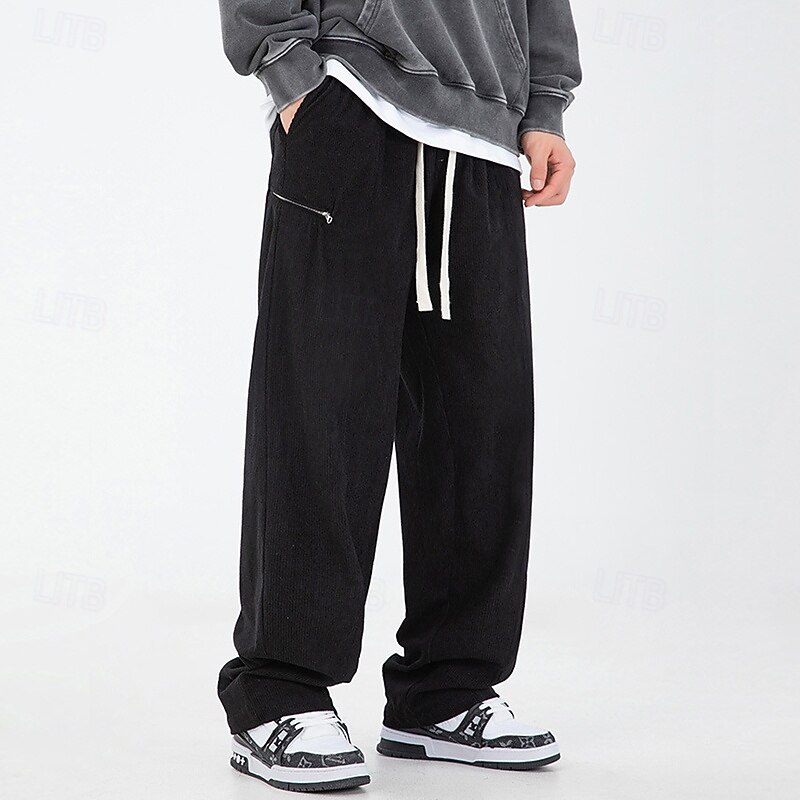 Men's Corduroy Pants Trousers Casual Pants Drawstring Zipper Pocket Straight Leg Plain Comfort Warm Full Length Outdoor Casual Daily Sports Fashion Black Khaki3