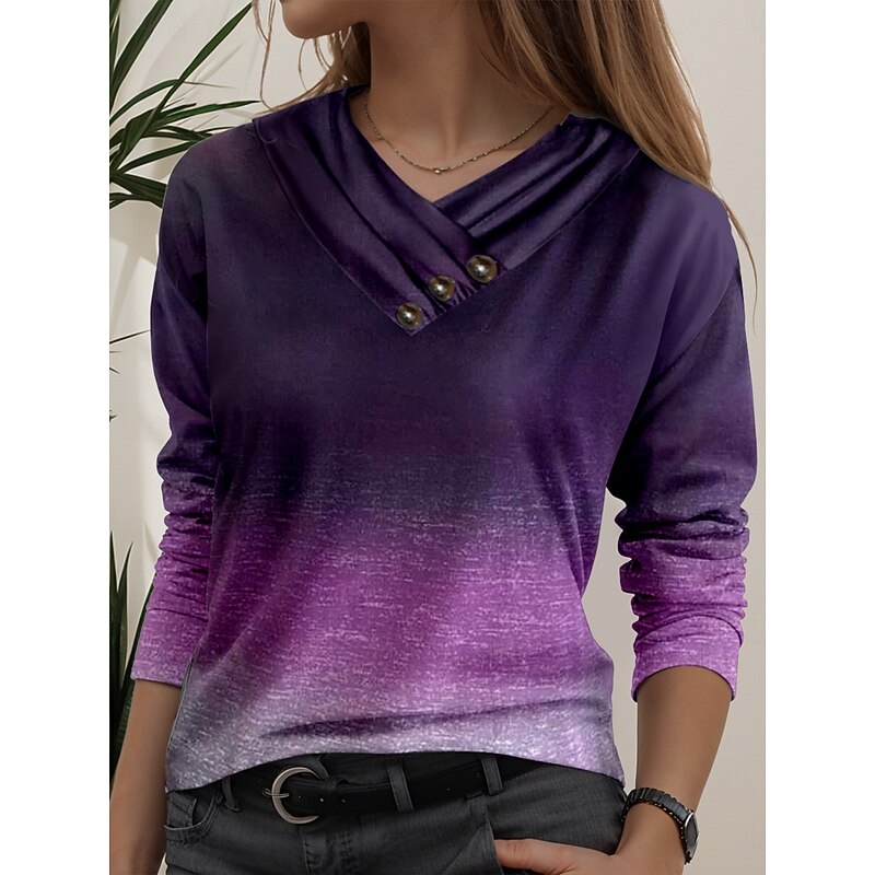 Women's Tunic T Shirt Ombre Stylish Casual Long Sleeve V Neck Regular Tops Daily Buttons Print Purple Spring Fall