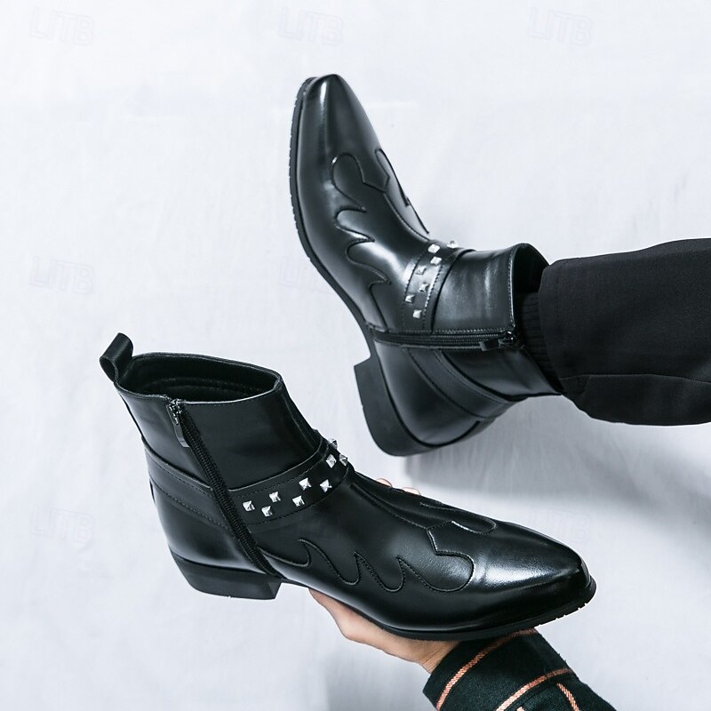 Men's Black Faux Leather Ankle Boots with Studded Strap and Unique Embroidery, Stylish Western Design, Perfect for Casual and Night Out Wear4