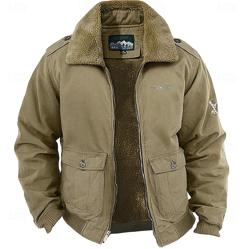 Men's Embroidered Fleece Jacket Cargo Jacket Long Sleeve Military Tactical Thermal Warm Coat Vintage Casual Style Cotton Bomber Jacket with Turn-down Collar khaki Army Green Dark Blue2