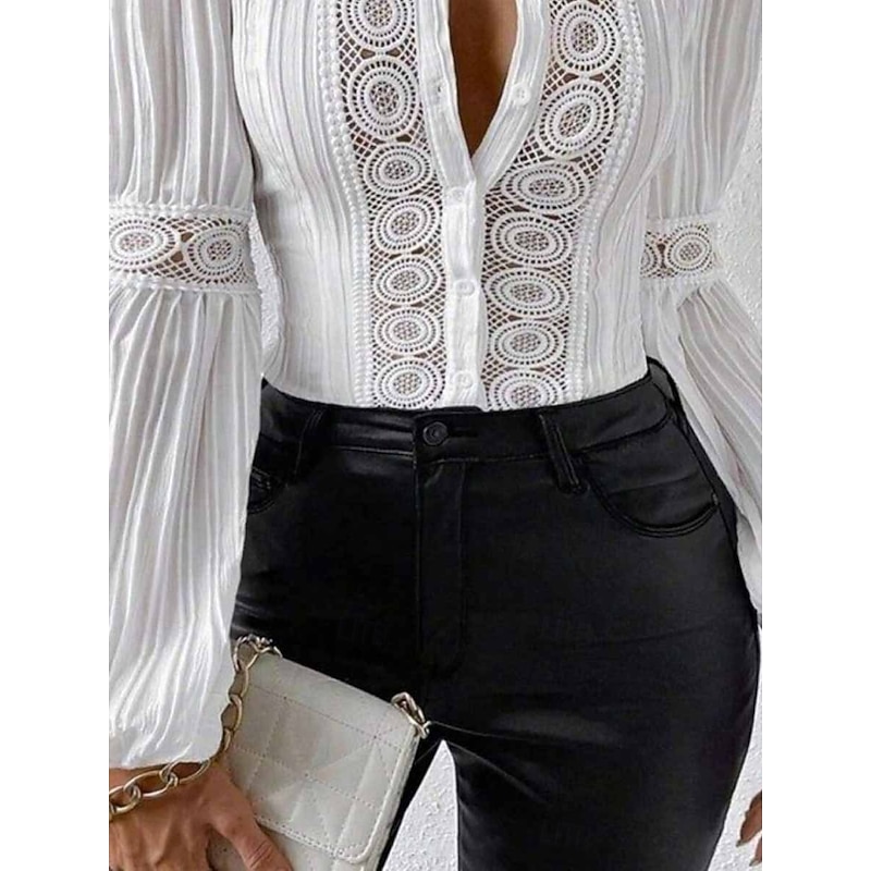 Women's Shirt Blouse Solid Color Basic Casual Long Sleeve V Neck Regular Tops Daily Lace Patchwork Buttons White Summer Spring Fall3