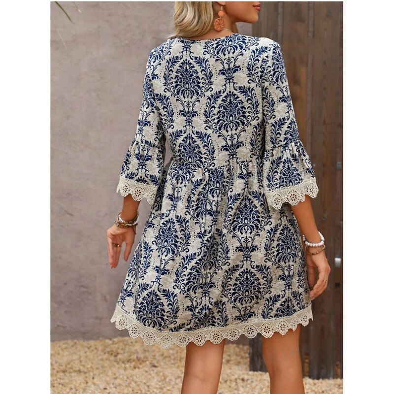 Women's Mini Dress Petite Dress Casual Dress Boho Dress Casual Daily Regular Fit Floral 3/4 Length Sleeve V Neck Wine Blue Green Summer Spring Fall4