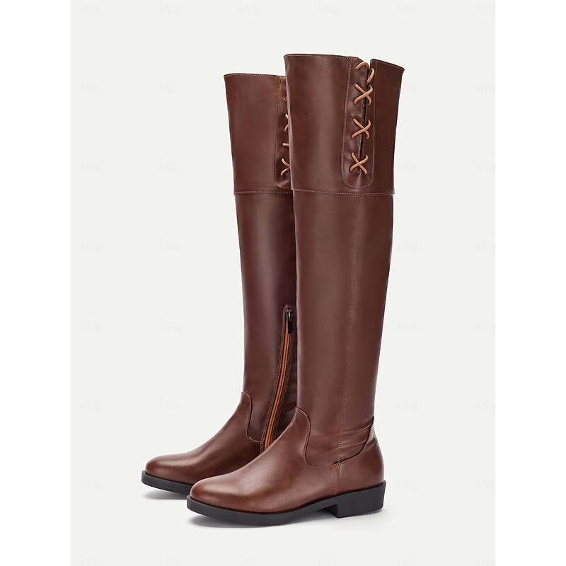Women's Brown Knee-High Riding Boots with Side Lace-Up - Stylish and Casual Tall Boots for Fall4