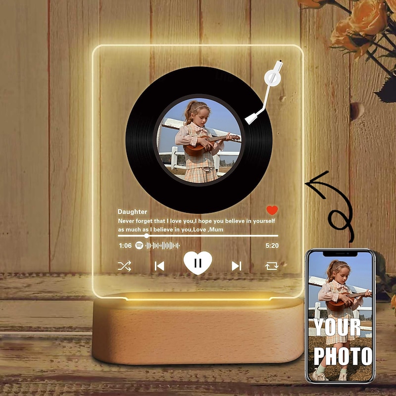 Personalized Light Up Photo Frame Valentines Music Style Photo USB Night Light Personalized Glowing with LED Lamp Desktop Decor Gifts for Wedding Anniversary Birthday Daughter Gifts