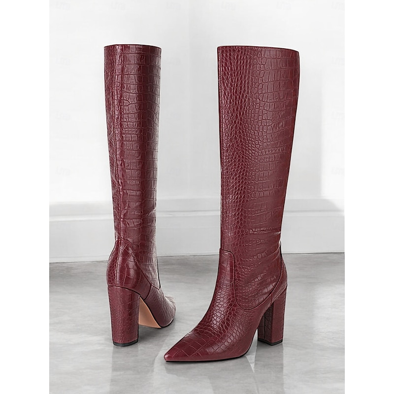 Burgundy Croc-Embossed Knee-High Boots for Women – Stylish Pointed-Toe Block Heel Boots for Fall and Winter Fashion