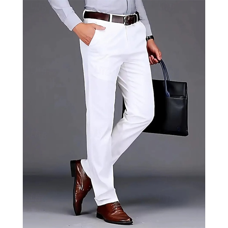 Men's Dress Pants Trousers Chinos Buttons Pocket Solid Colored Comfort Formal Party Work Fashion Classic Style Black White Micro-elastic