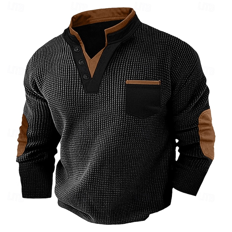Men's Waffle Tee Waffle Henley Shirt Long Sleeve V Neck Spring &  Fall Solid Color Fashion Basic Fake two piece Street Casual Sports Black White Burgundy Top Tee for Men2