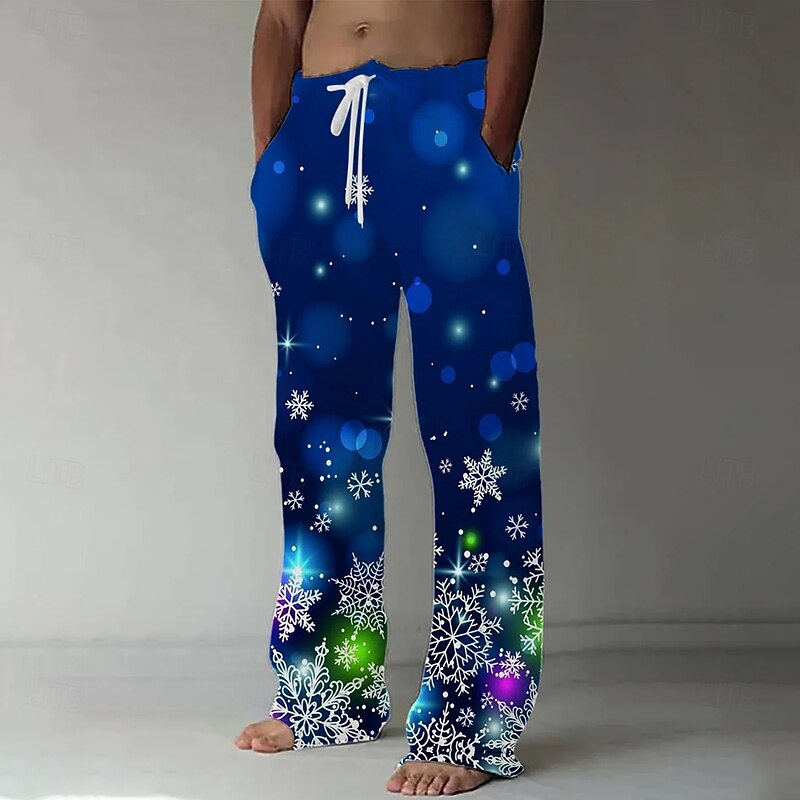 New Year Men's Snowflake Pants Trousers Mid Waist Drawstring Elastic Waist Hawaiian Casual Outdoor Party Evening Wear Holiday Straight Leg Trousers Summer Spring Fall 3D Print Blue
