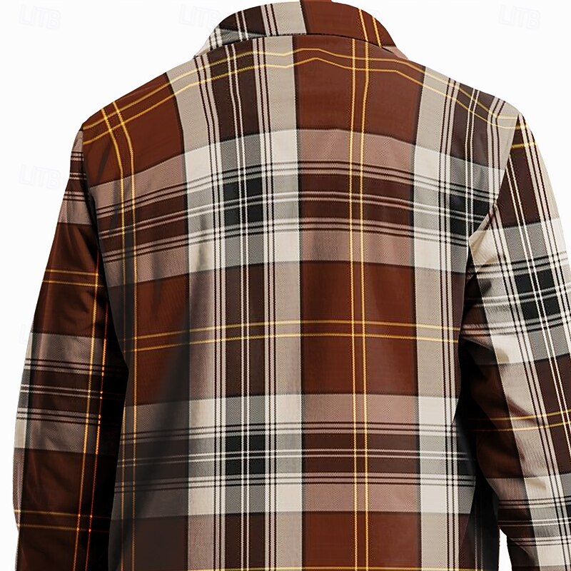 Men's Plaid Fleece Shirt Shirt Jacket Overshirt Long Sleeve Vintage Casual Outdoor Street Daily Wear Fall & Winter Turndown Collared Shirts Buttons 3D Print 2 Pockets Dark Brown Brown3