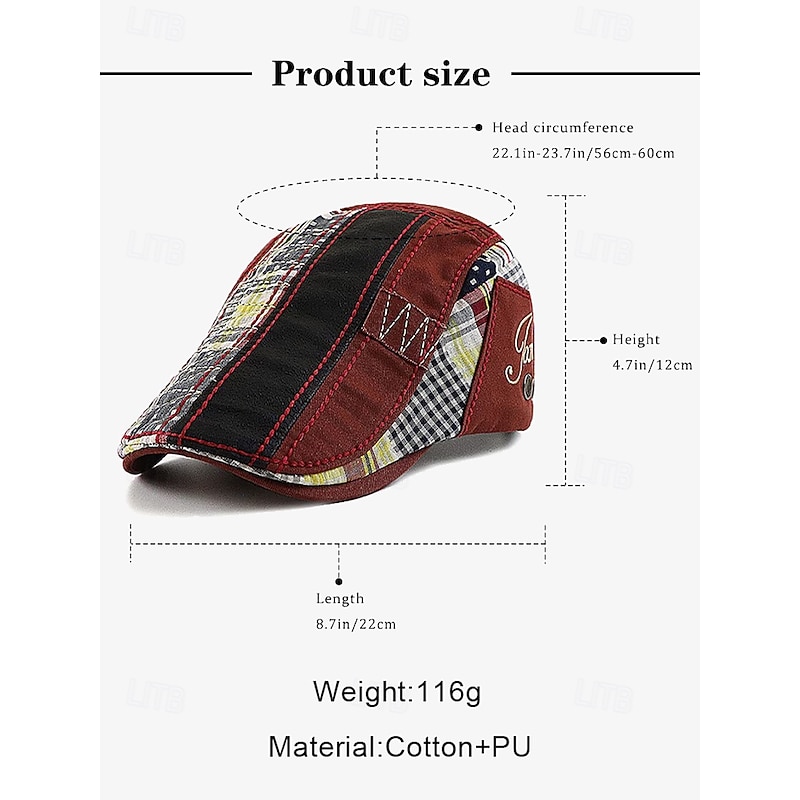 Men's Patchwork Plaid Flat Cap – Retro Newsboy Style Hat with Embroidered Details4