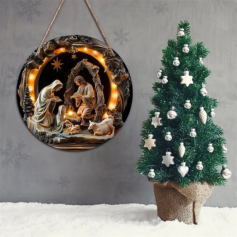 Wooden Jesus Nativity Baptism Round Sign, Door Hanging Decor for Bedroom and Living Room3