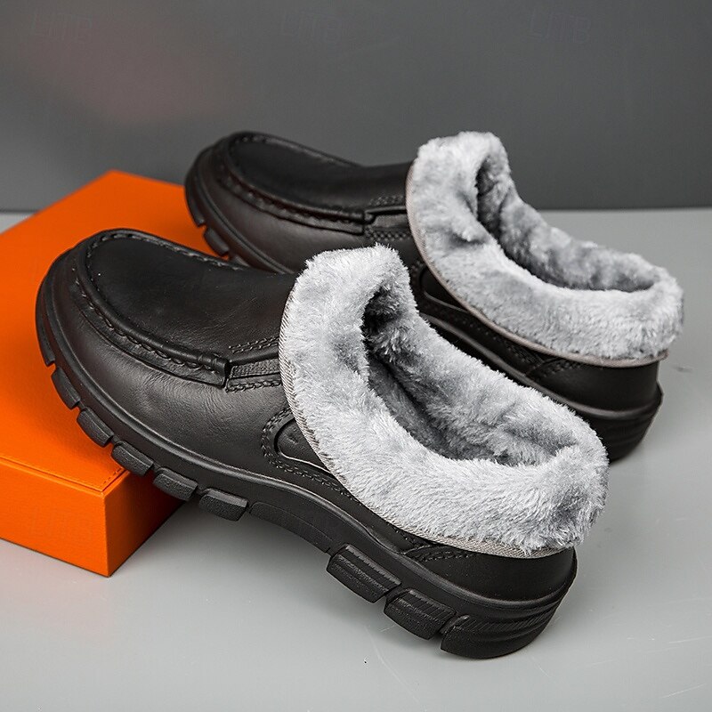 Men's Black Faux Leather Slip-on Shoes with Fur Lining - Warm and Comfortable for Winter3