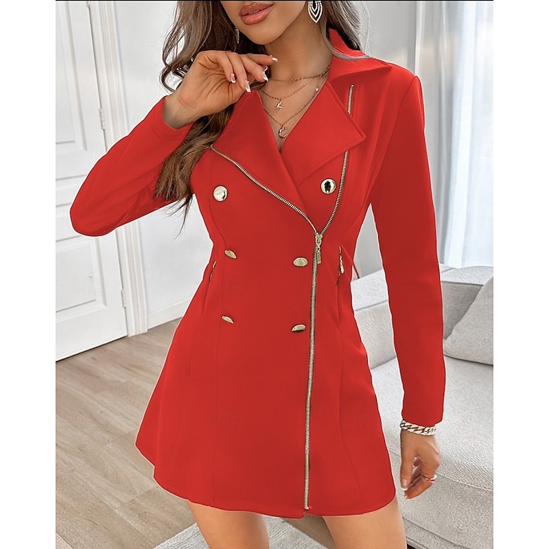 Women's A Line Dress Mini Dress Zipper Buttons Elegant V Neck Long Sleeve Black Red Color