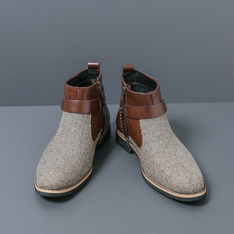 Men's Corduroy and Faux Leather Ankle Boots – Stylish Brown and Blue Design with Metal Eagle Detail, Western Cowboy-Inspired Fashion for Casual and Formal Occasions4