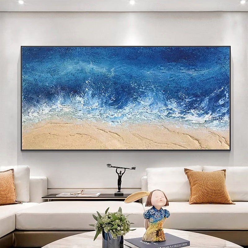 Mintura Handmade Texture Sea Wave Oil Paintings On Canvas Wall Art Decoration Modern Abstract Beach Scenery Picture For Home Decor Rolled Frameless Unstretched Painting