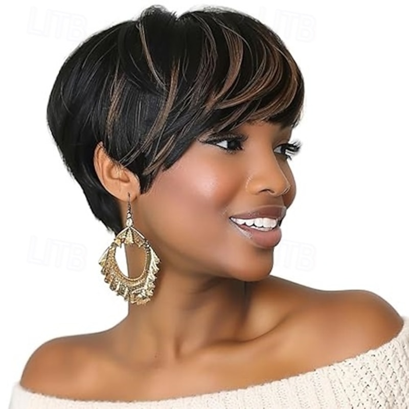 Short Wigs for Black Women Pixie Cut Wig Synthetic Short Side Part Pixie HairCut Wigs with Bangs for Old Women Short Straight Pixie Wigs Natural Short Layered Wigs2