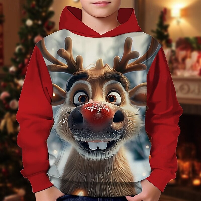 Boys 3D Graphic Deer Christmas Hoodie Hoodie Long Sleeve Spring Fall Fashion Streetwear Kids 4-12 Years Hooded Outdoor Casual Daily Regular Fit