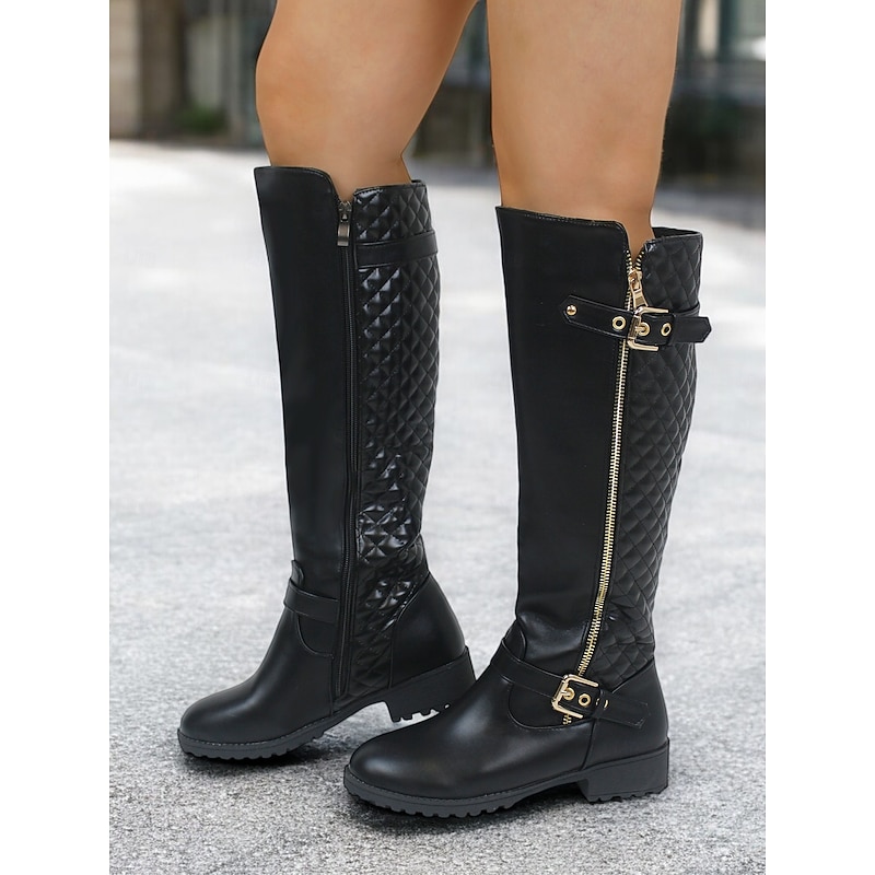Women's Black Riding Knee-High Boots with Quilted Back and Gold Zipper – Stylish Equestrian-Inspired Winter Footwear4