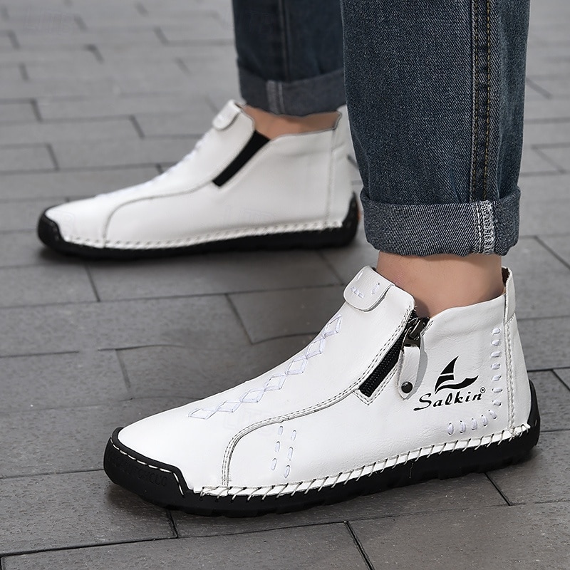 Men's White Faux Leather Casual Ankle Boots with Zipper and Hand-Stitched Sole | Stylish and Comfortable Outdoor Footwear4