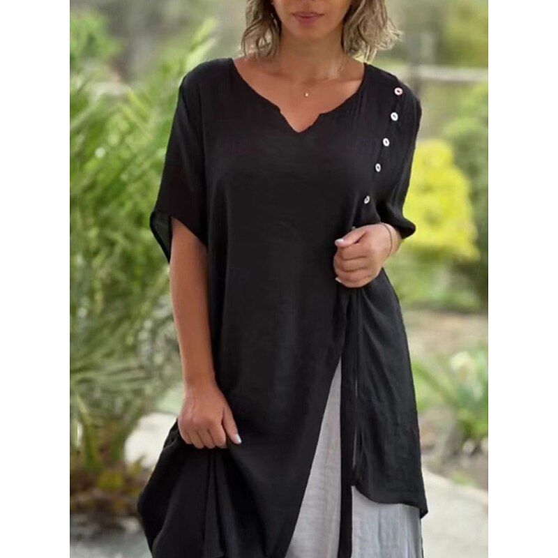 Women's Maxi Dress Linen-Inspired Dresses Casual Dress Plain Dress Cotton Maxi Dress Casual Sports & Outdoor Street Regular Fit Plain 3/4 Length Sleeve Stand Collar Black Khaki Summer4