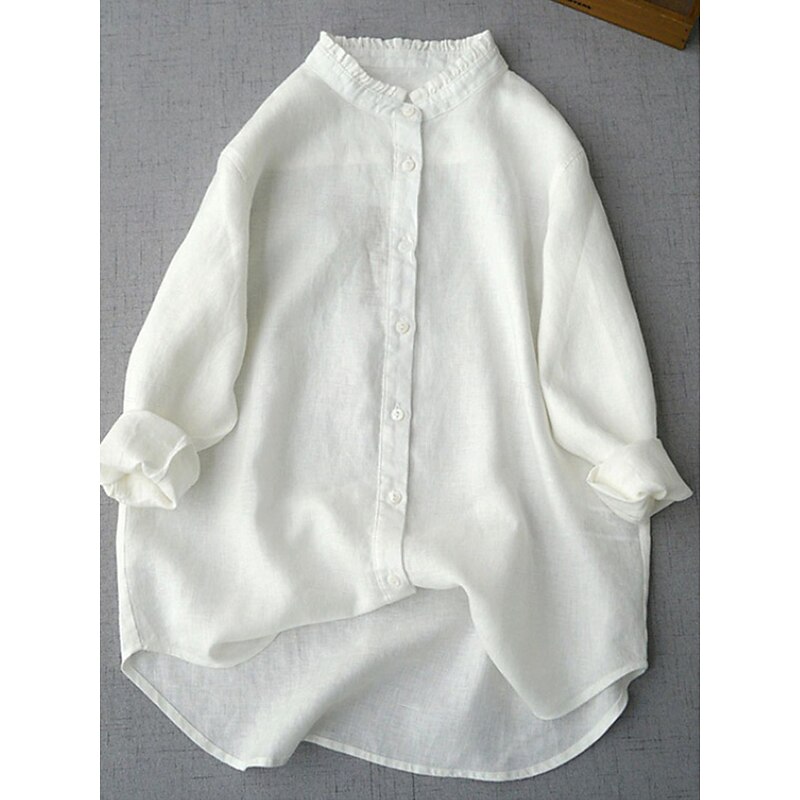 Women's Shirt Linen-Inspired Shirts Button Up Daily Long Sleeve V Neck White Green Spring &  Fall