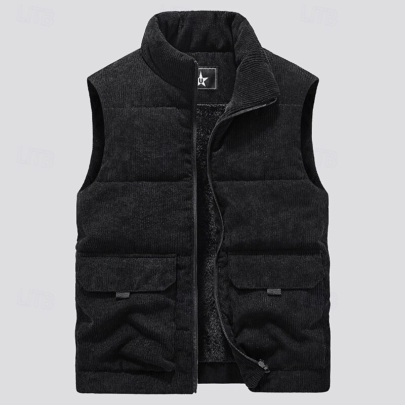Men's Corduroy Fleece Vest Outdoor Vest Gilet Punk Active Fall Winter Polyester Solid Color Turtleneck Black Light Brown Army Green Vest4