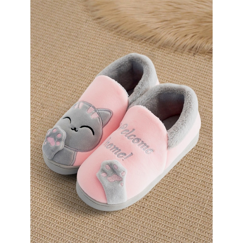 Women's Pink and Gray Indoor Slippers with Cute Cat Design - Plush Lining, Non-Slip Sole, Perfect for Cozy Winter Comfort