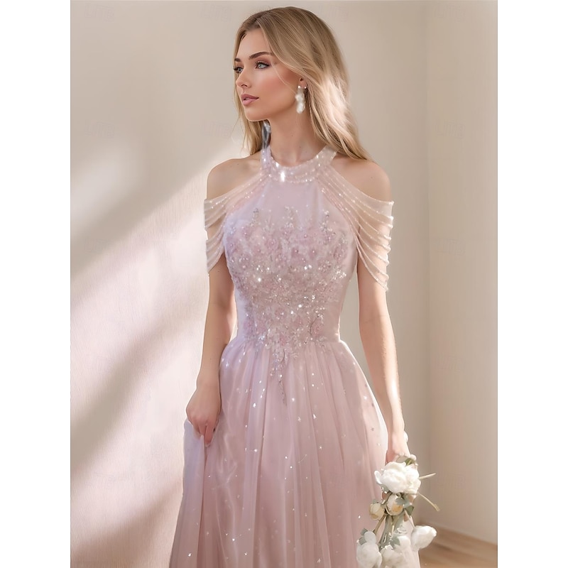 A-Line Prom Dresses Vintage Dress Formal Prom Floor Length Sleeveless High Neck Tulle with Glitter Tassel2