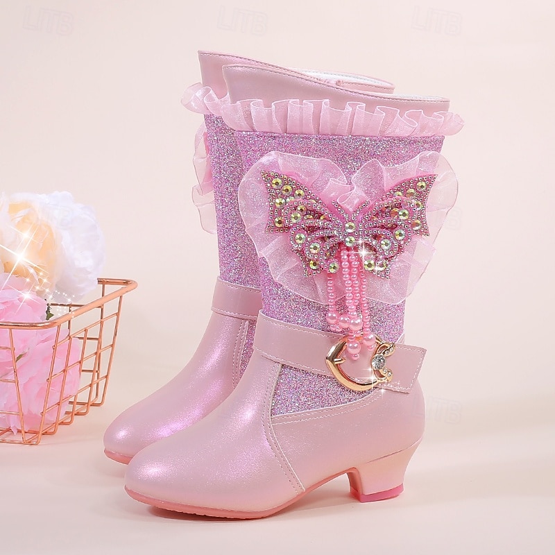 Girls' Glitter Winter Boots with Faux Fur Lining - Blue Mid-Calf Design Featuring Butterfly Rhinestone Decor and Side Zipper Closure3