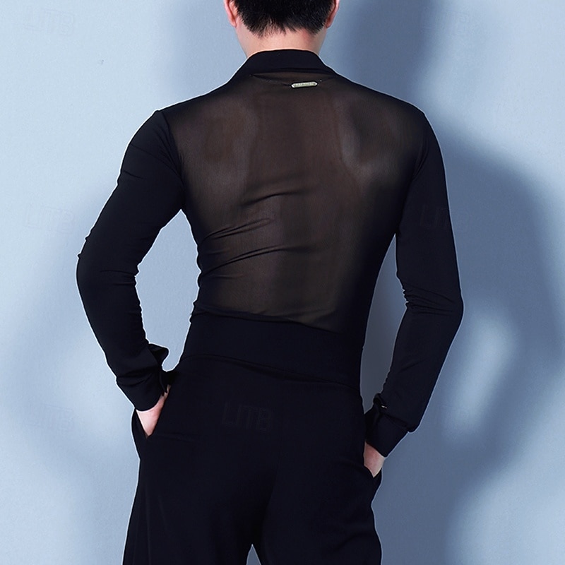 Latin Dance Top Splicing Men's Performance Daily Wear Long Sleeve Crystal Cotton Mesh4