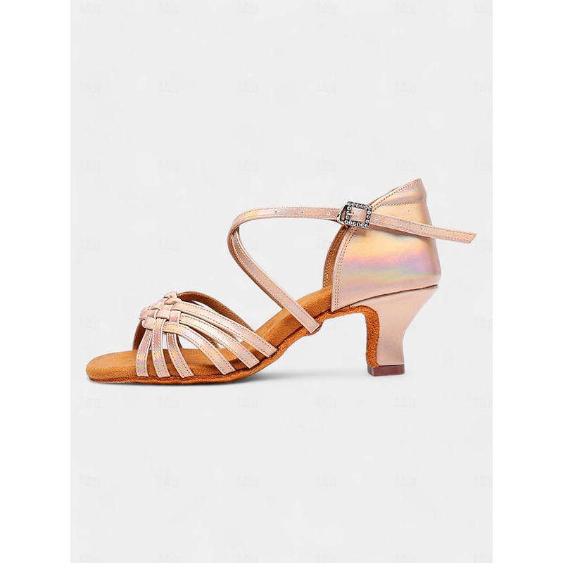 Women's Silver Holographic Dance Sandals with Soft Suede Sole, Cross-Strap Design and Low Heel - Ideal for Salsa, Latin, and Ballroom Dancing3