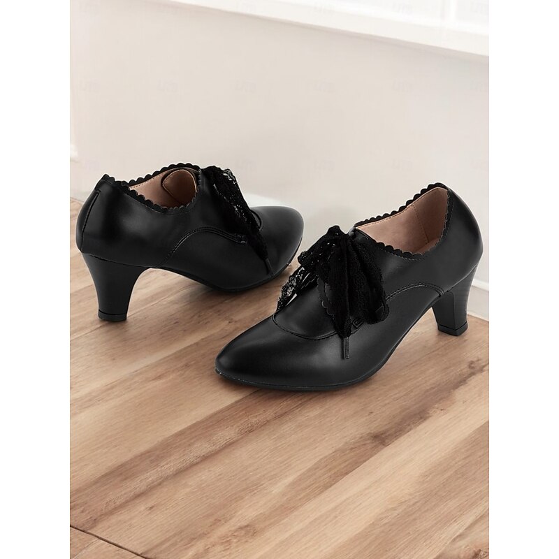 Women's Vintage Gatsby Black Lace-Up Scalloped Low Heels-Retro Oxford Style for Work, Office, or Everyday Wear3