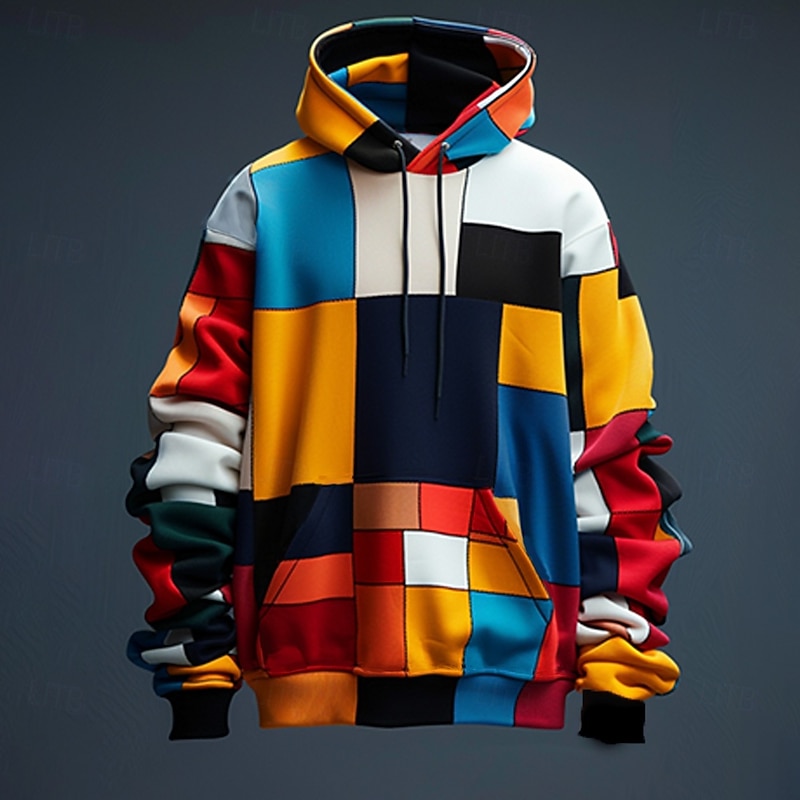 Men's Plaid Hoodies Sweatshirt Fashion Cool Long Sleeve Crew Neck Party Holiday Streetwear Orange Drawstring Fall Winter Designer