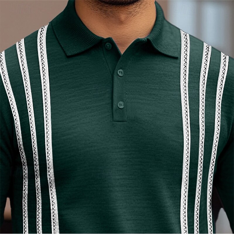 Men's Polo Street Business Ribbed Polo Collar Short Sleeve Vintage Fashion Solid Color Stripes Buttons Fall Black Green Polo2