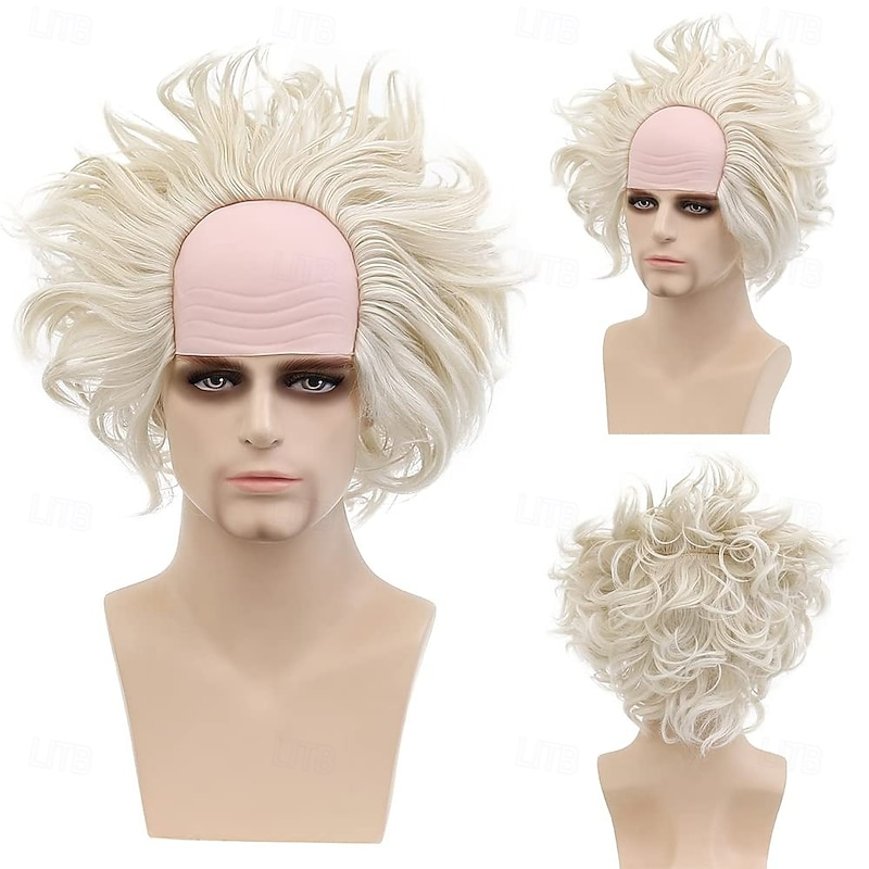 White Wig Men, Short Wavy Bald Wig Messy Mad Scientist Wig Old Man Wig Fluffy Crazy Funny Wig Halloween Wigs