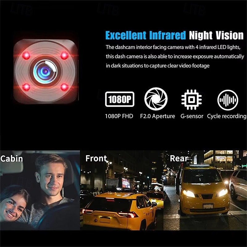 3 Channels WIFI Dash Cam for Cars 2 Inch Car DVR with Rear View Camera 1080P Front inside and rear camera Night Vision4