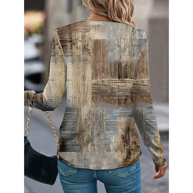 Women's T shirt Long Sleeve Crew Neck Long Sleeve Tunic Graphic Modern Casual Regular Tops Daily Weekend Print Khaki Fall Winter Prefall2