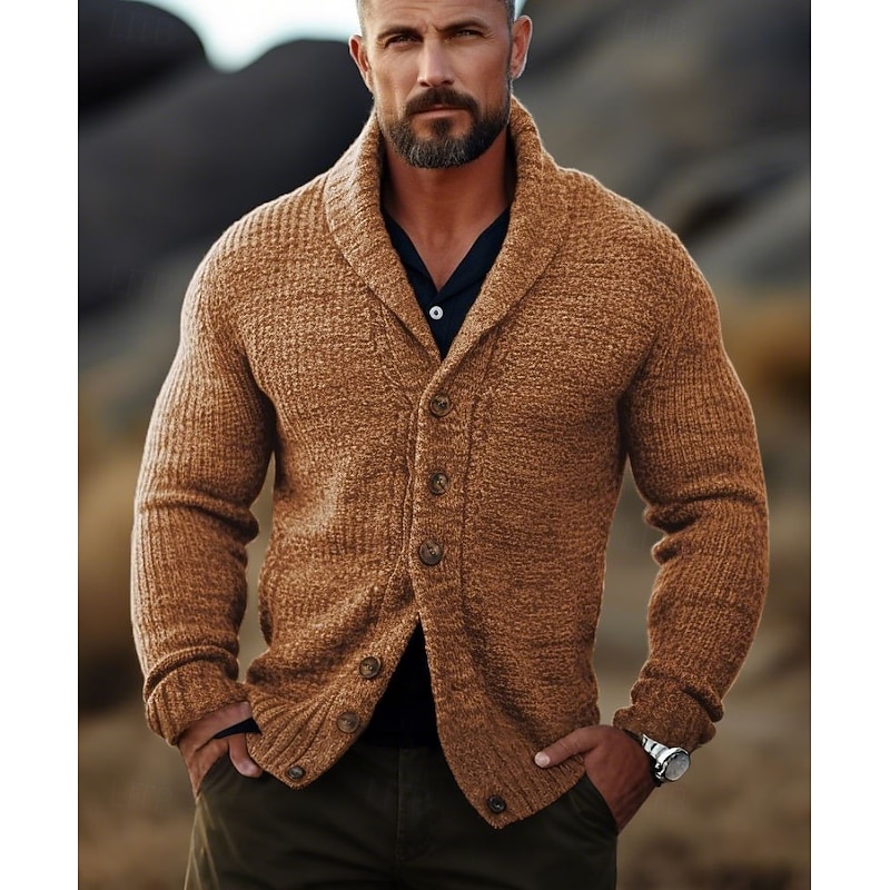Male Cardigan Sweater Cardigan Sweater Jacket Chunky Knit Regular Buttons Solid / Plain Color Shawl Collar Clothing Apparel Fall & Winter Dark Navy Brown M L XL