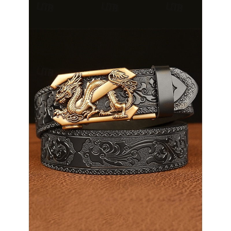 Men's Brown Leather Belt with Embossed Dragon Design and Gold Buckle - Vintage Style, Perfect for Formal and Casual Wear