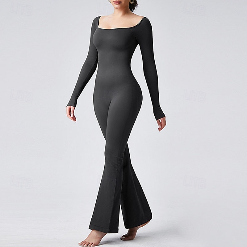 Women's Jumpsuit Workout Jumpsuit Onesie Flare Leg Solid Color Bodysuit Romper Black Coffee Yoga Fitness Gym Workout Breathable Soft Long Sleeve Sport Activewear Stretchy Slim2