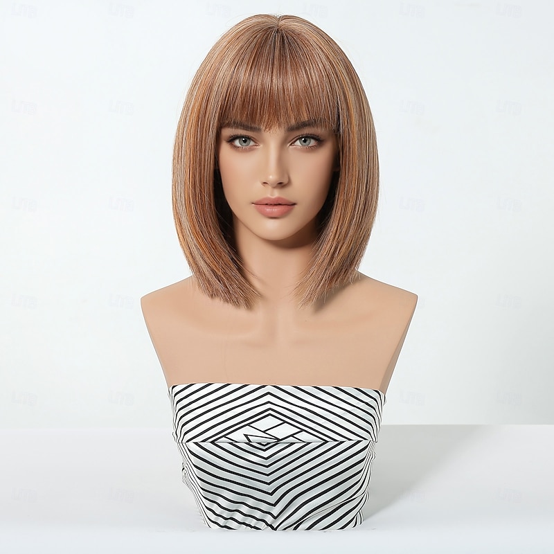 Synthetic Wig Uniforms Career Costumes Princess Straight kinky Straight Middle Part Layered Haircut Machine Made Wig 14 inch 12 inch Light Brown Synthetic Hair Women's Cosplay Party Fashion Light2