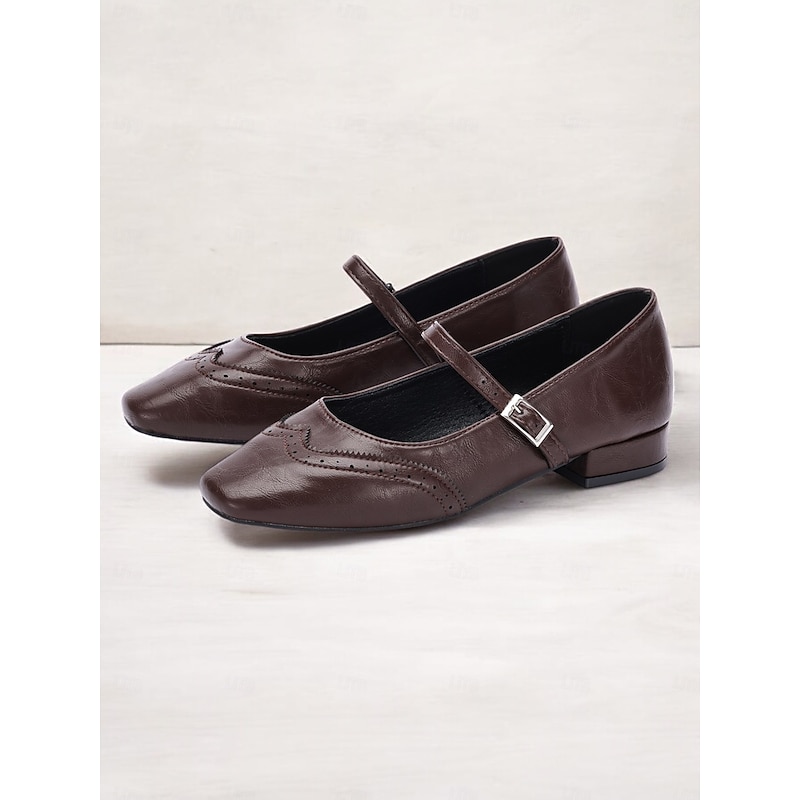 Women's Vintage Brown Mary Jane Flats with Brogue Detailing – Comfortable Faux Leather Shoes for Office, Casual Wear, and Retro Style Outfits4