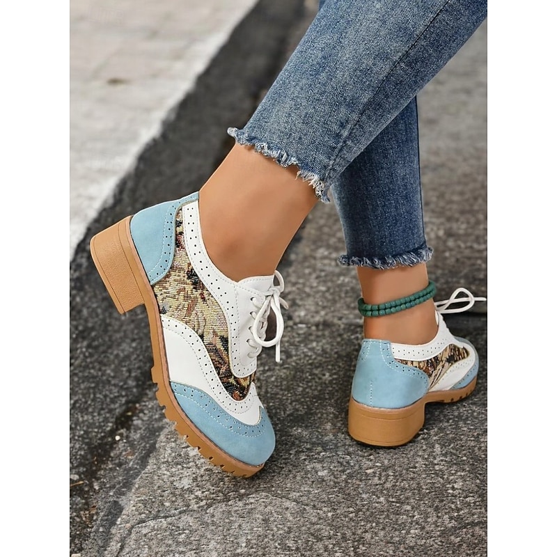 Women's Retro Oxford Shoes - Lace-Up Brogue Style with Floral Prints and Color Block Design for Casual Outfits3